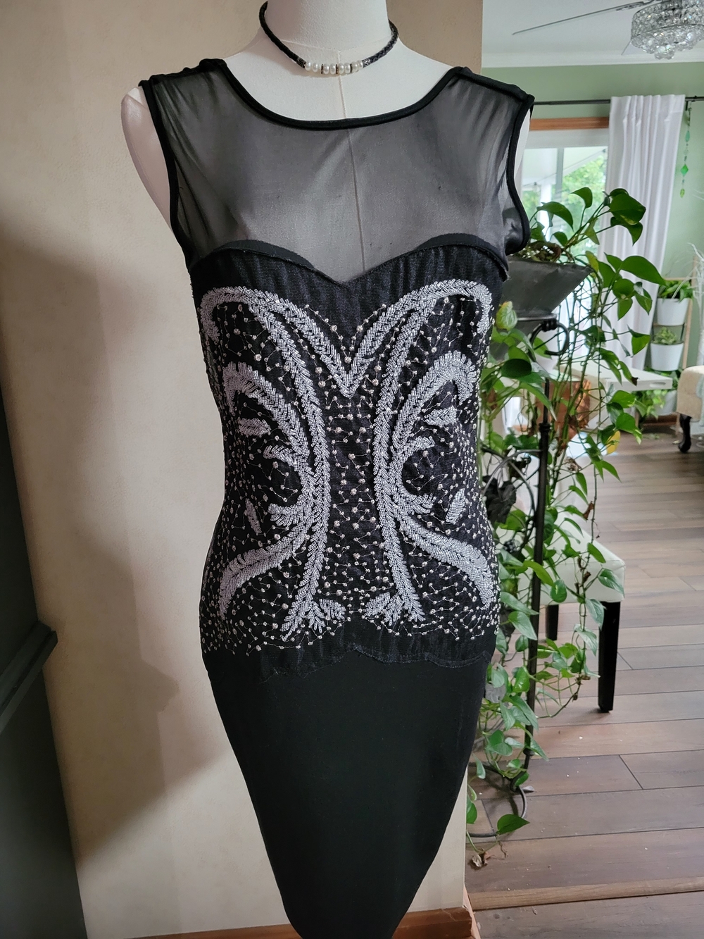 VENUS Black Sheer Yoke Beaded Bodycon Mini Dress